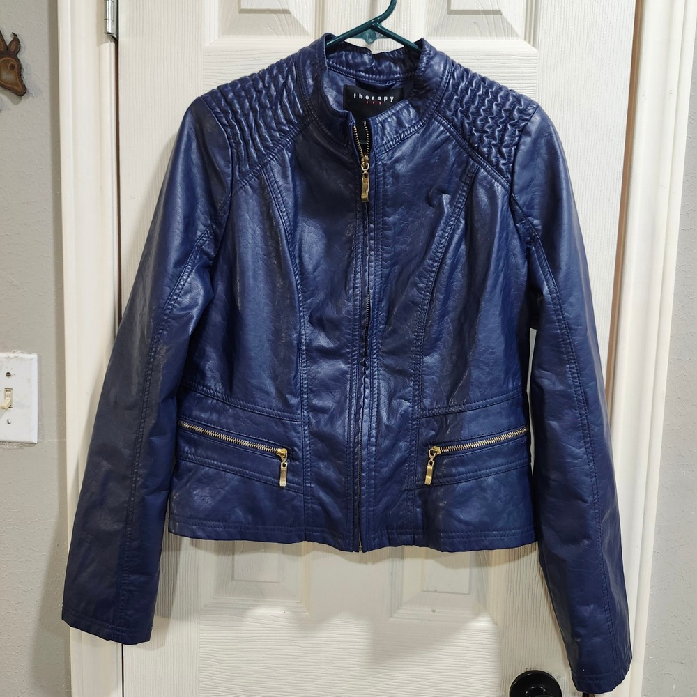Therapy Navy Blue Faux Leather Moto Jacket Quilted Floral Lining Gold Zip Large
